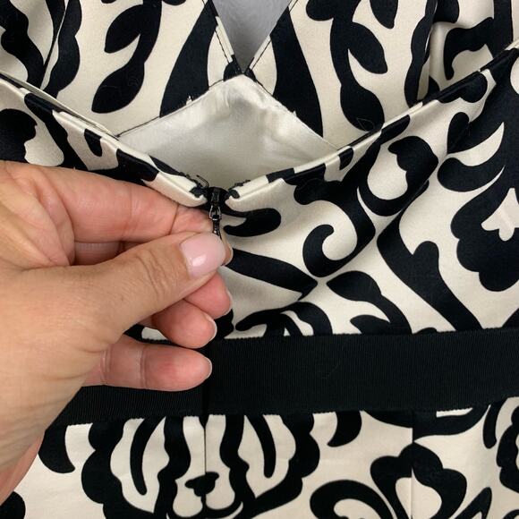 Milly of New York Damask Print Dress Size 6 Black Cream A Line Ribbon Trim - Picture 5 of 9